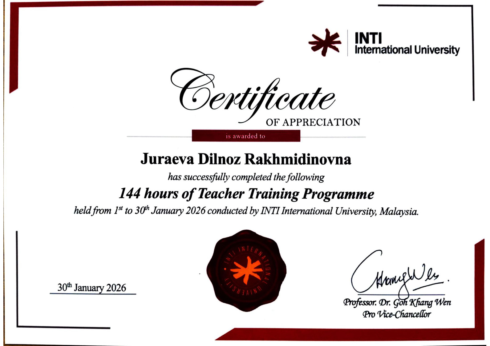 INTI International University sertifikati &mdash; 144 soatlik o'qituvchilar malaka dasturi