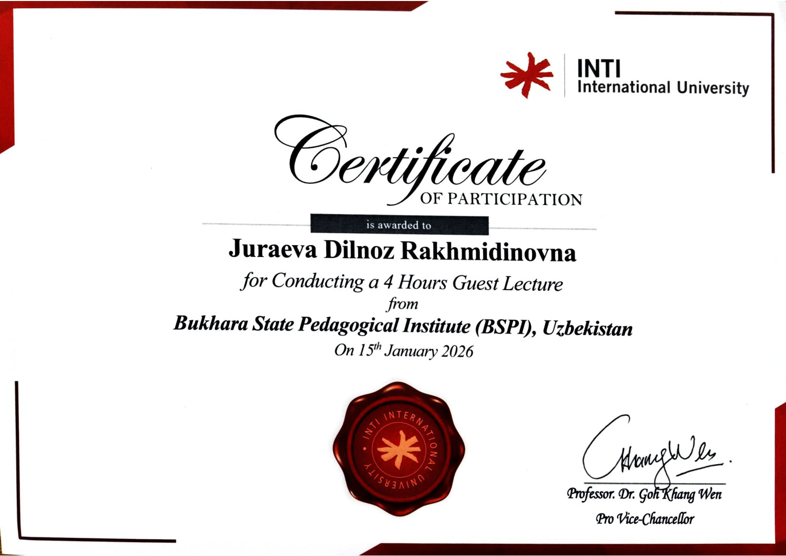 INTI International University sertifikati &mdash; 4 soatlik ochiq ma'ruza